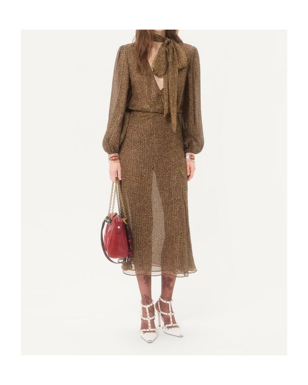Valentino Brown Lurex Print Midi Dress