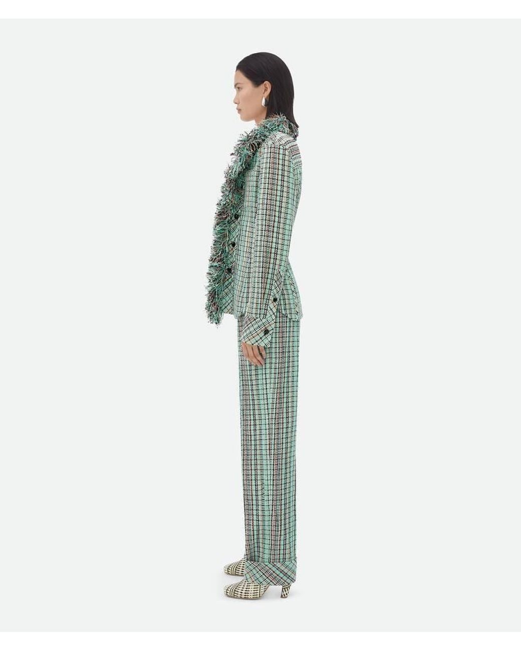 Bottega Veneta Green Cotton Check Jacket With Fringes