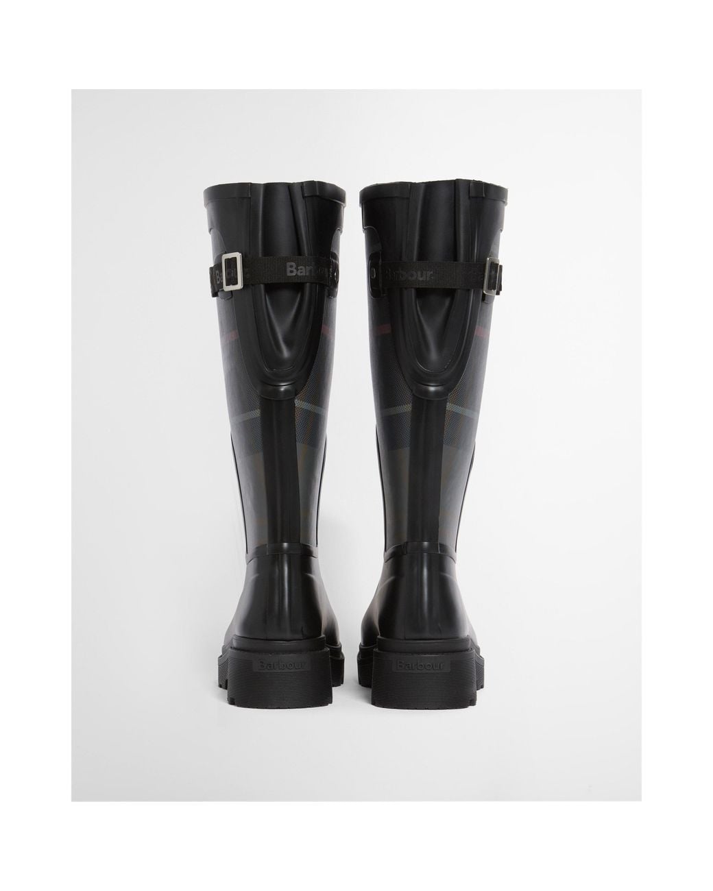 Barbour Black Plaid Panel Buckle Tall Rain Boot