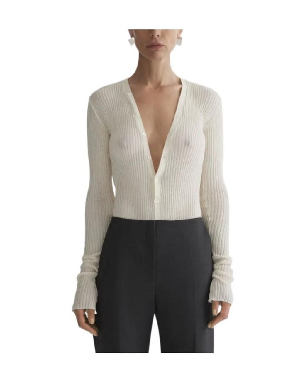Mugler Gray V-Neck Ribbed Top