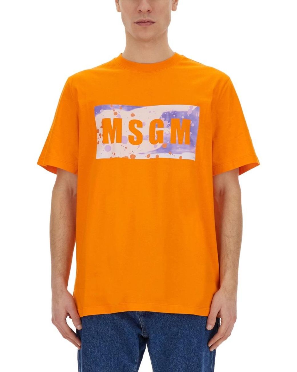 MSGM Orange Logo-Printed Crewneck T-Shirt for men