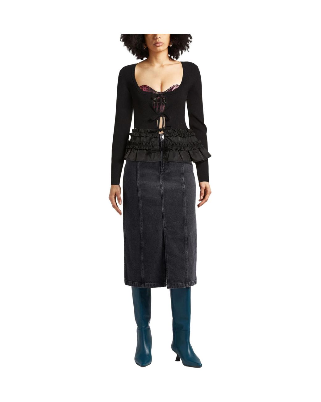 Ganni Black Solid Color Ribbed Long-Sleeved Top