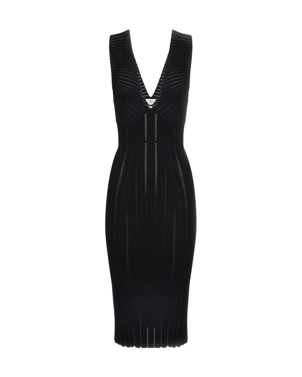 Elisabetta Franchi Black Pointelle V-Neck Knitted Dress