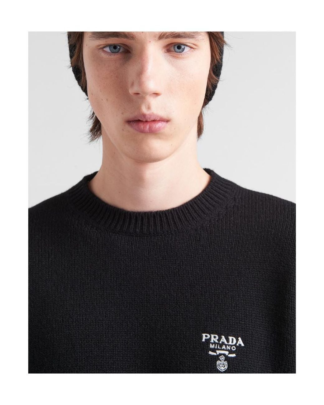 Prada Black Logo Embroidered Crewneck Knit Sweater for men