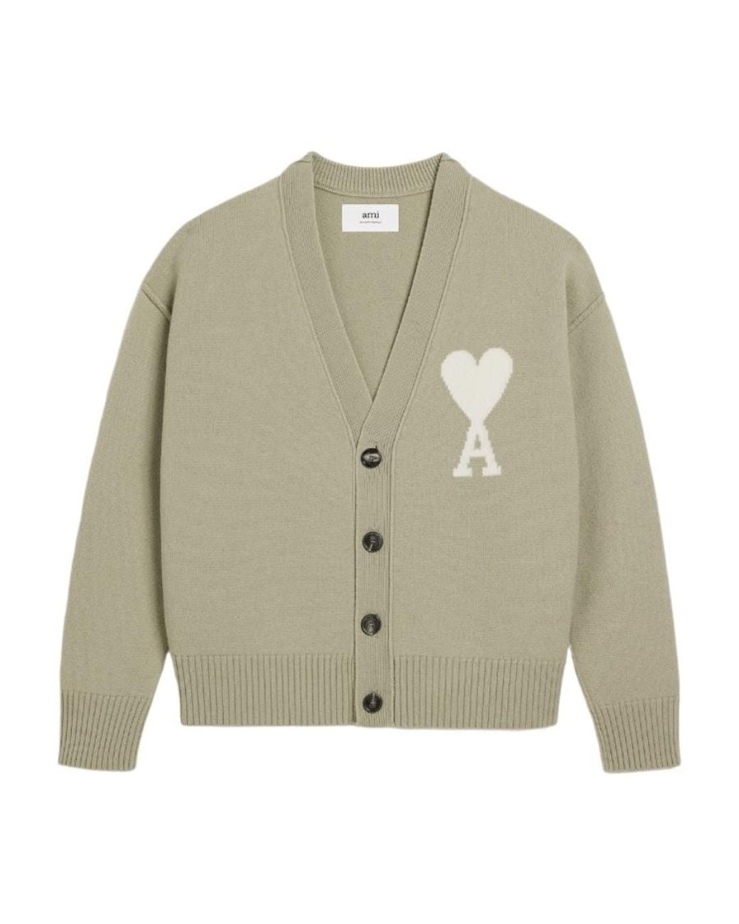 AMI Green Ami De Coeur Logo Intarsia Knitted Cardigan for men
