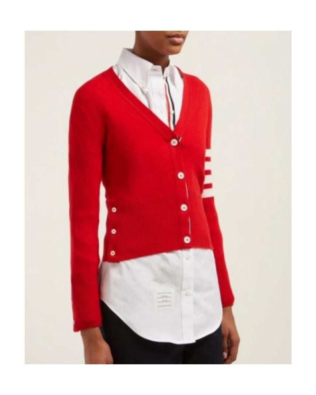 Thom Browne Red Striped Cuff V-Neck Cardigan