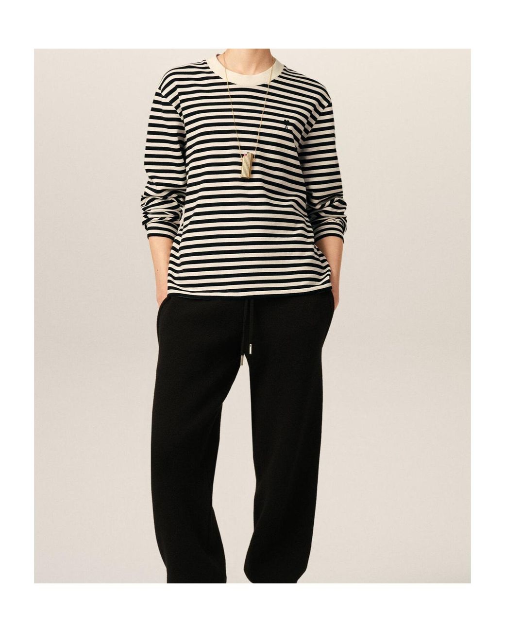 AMI Black Ami Ami De Coeur Mariniere Logo Embroidered Striped Ribbed T-Shirt for men