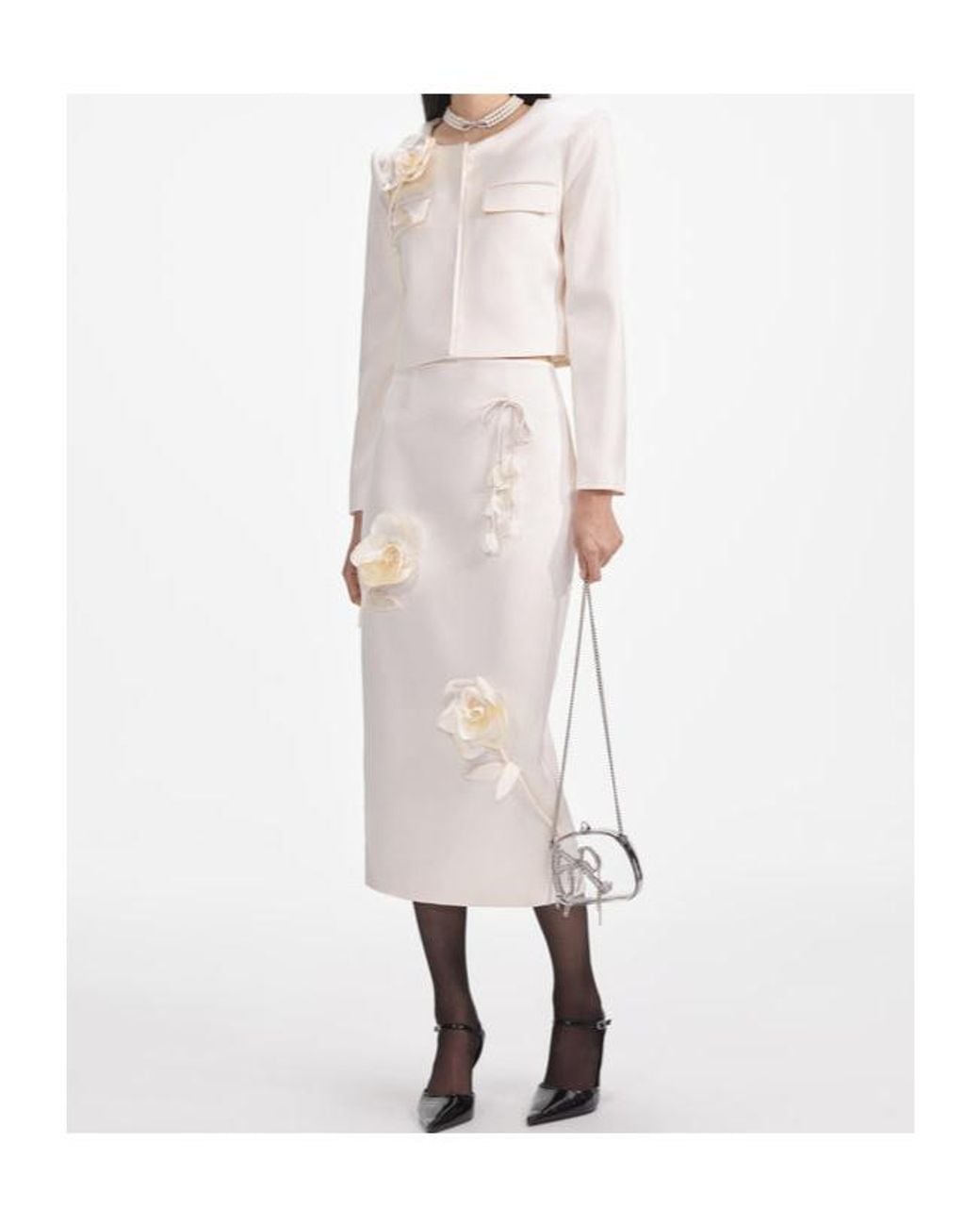 Self-Portrait White 3D Flower Satin Midi Skirt