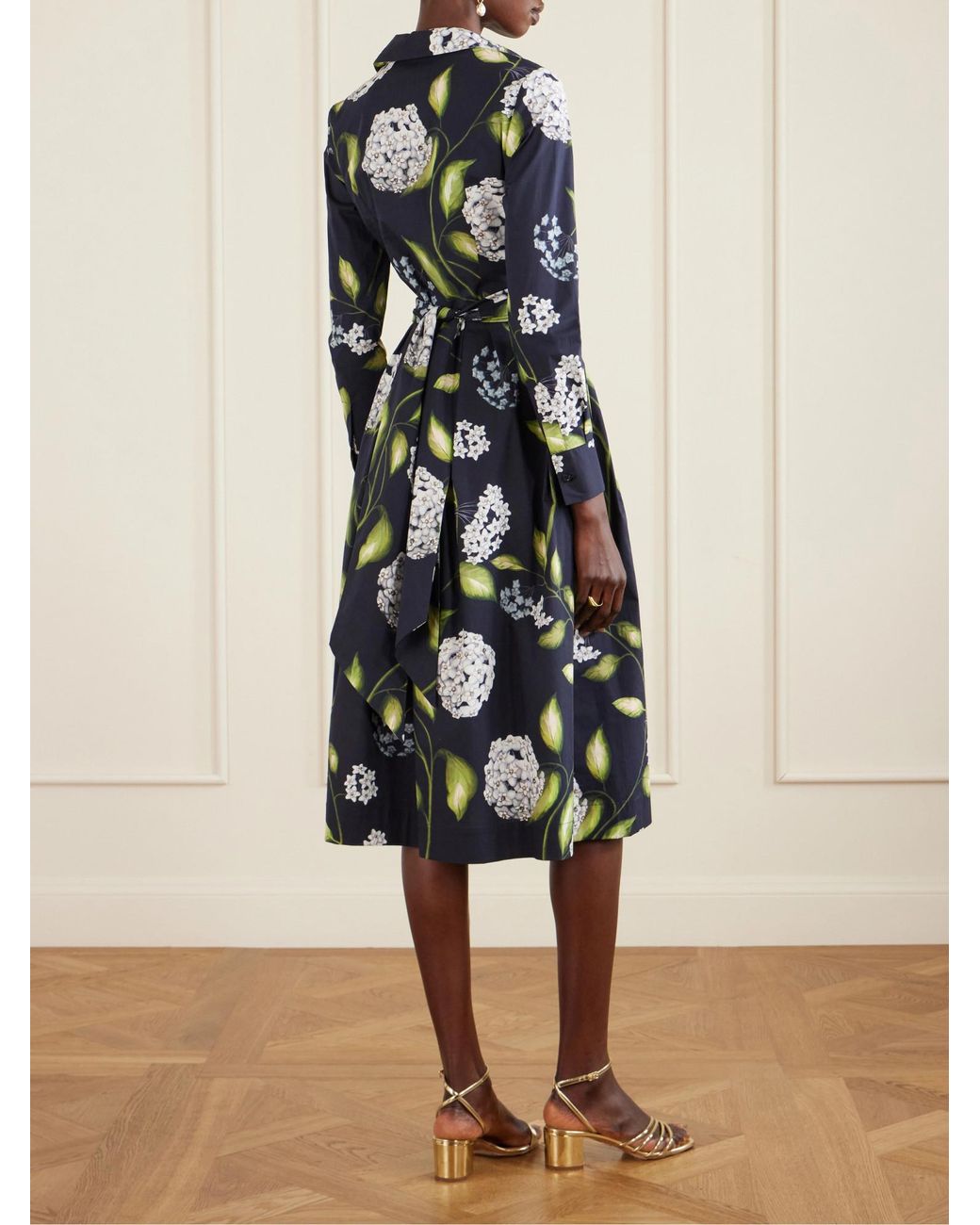 Oscar de la Renta Blue Wrap-Effect Floral-Print Cotton-Blend Poplin Shirt Dress