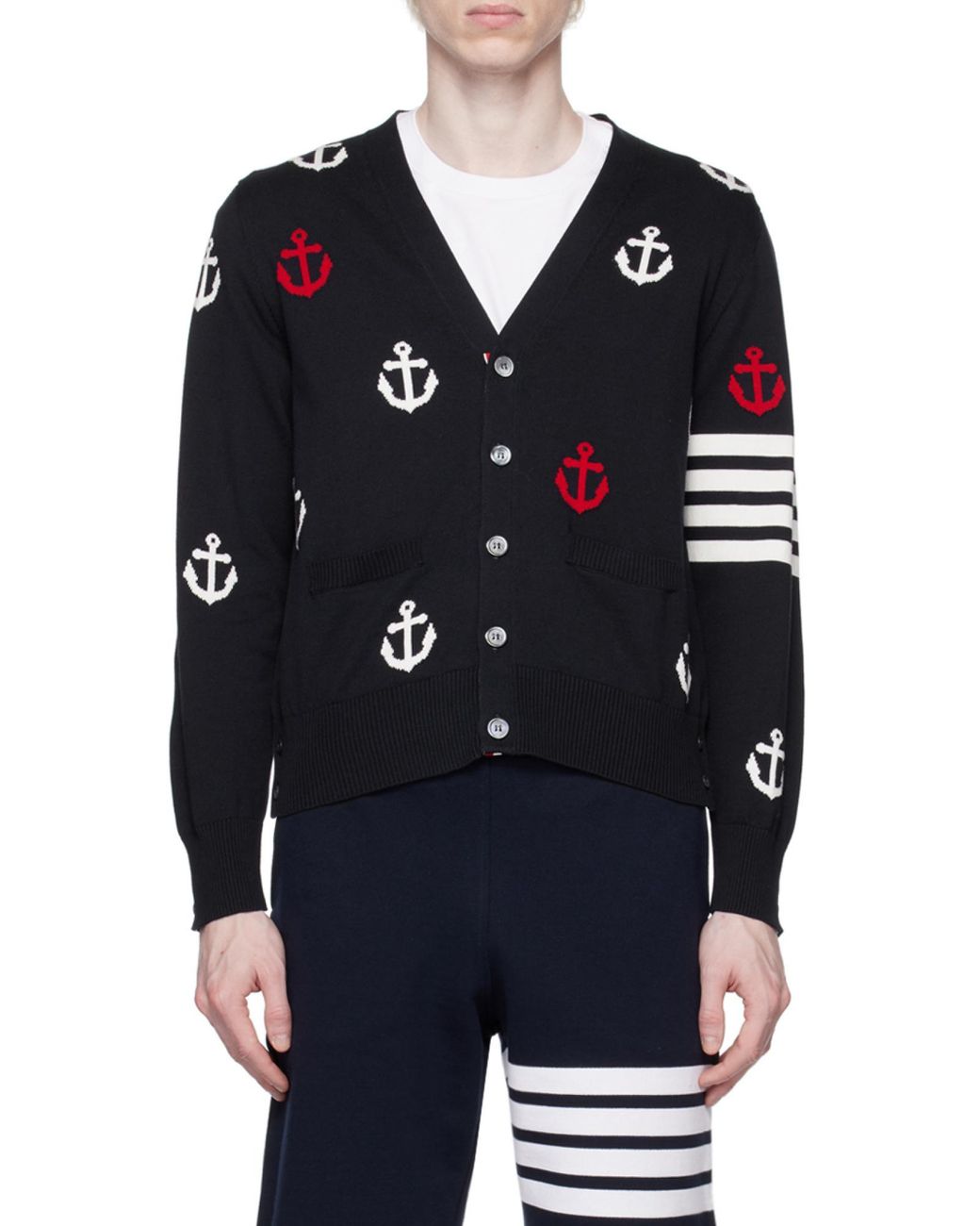 Thom Browne Blue Bar Anchor Intarsia Cardigan for men