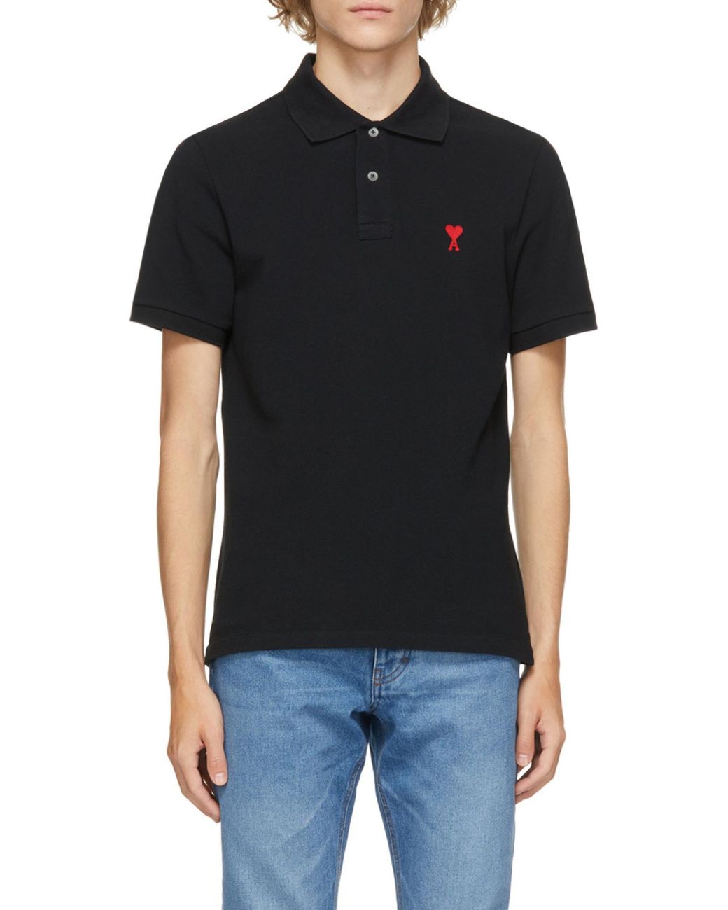 AMI Black Ami Logo Embroidered Short-Sleeve Polo Shirt for men
