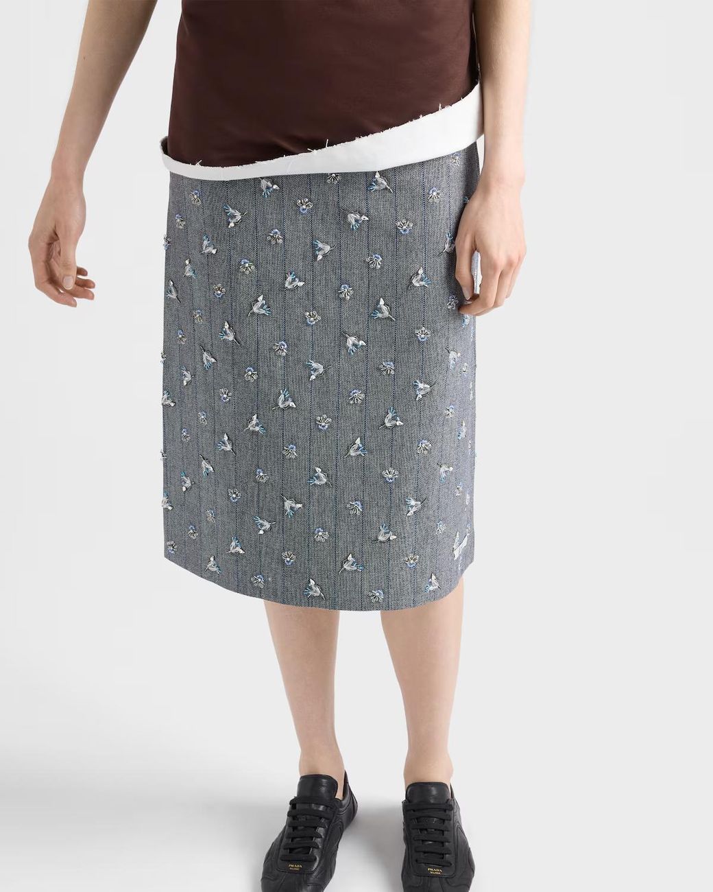 Prada Gray Embellished Pinstripe Wool Midi-Skirt