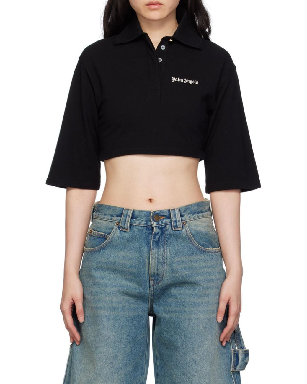 Palm Angels Black Logo Embroidered Cropped Polo Shirt
