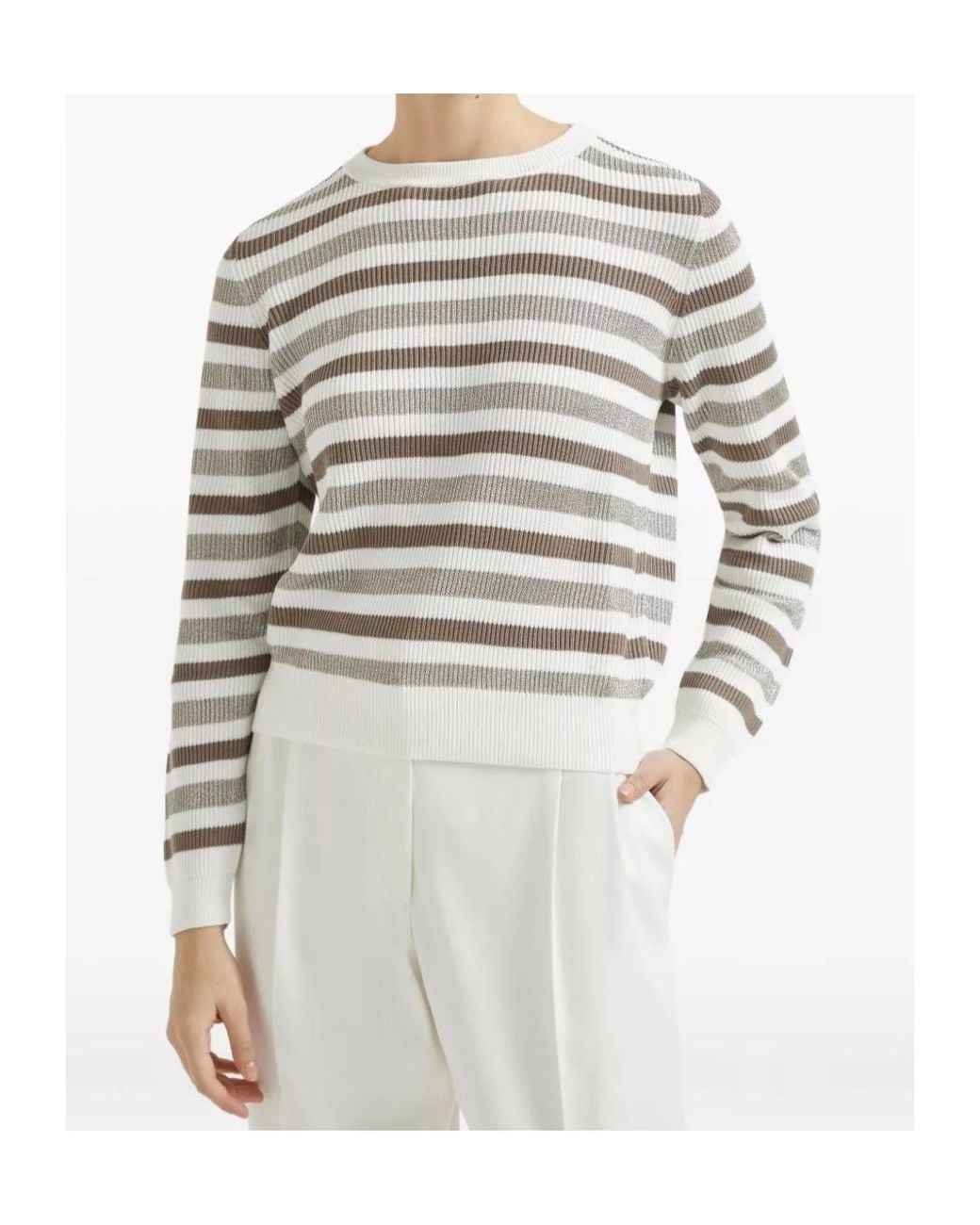 Brunello Cucinelli White Cotton Stripe Sweater