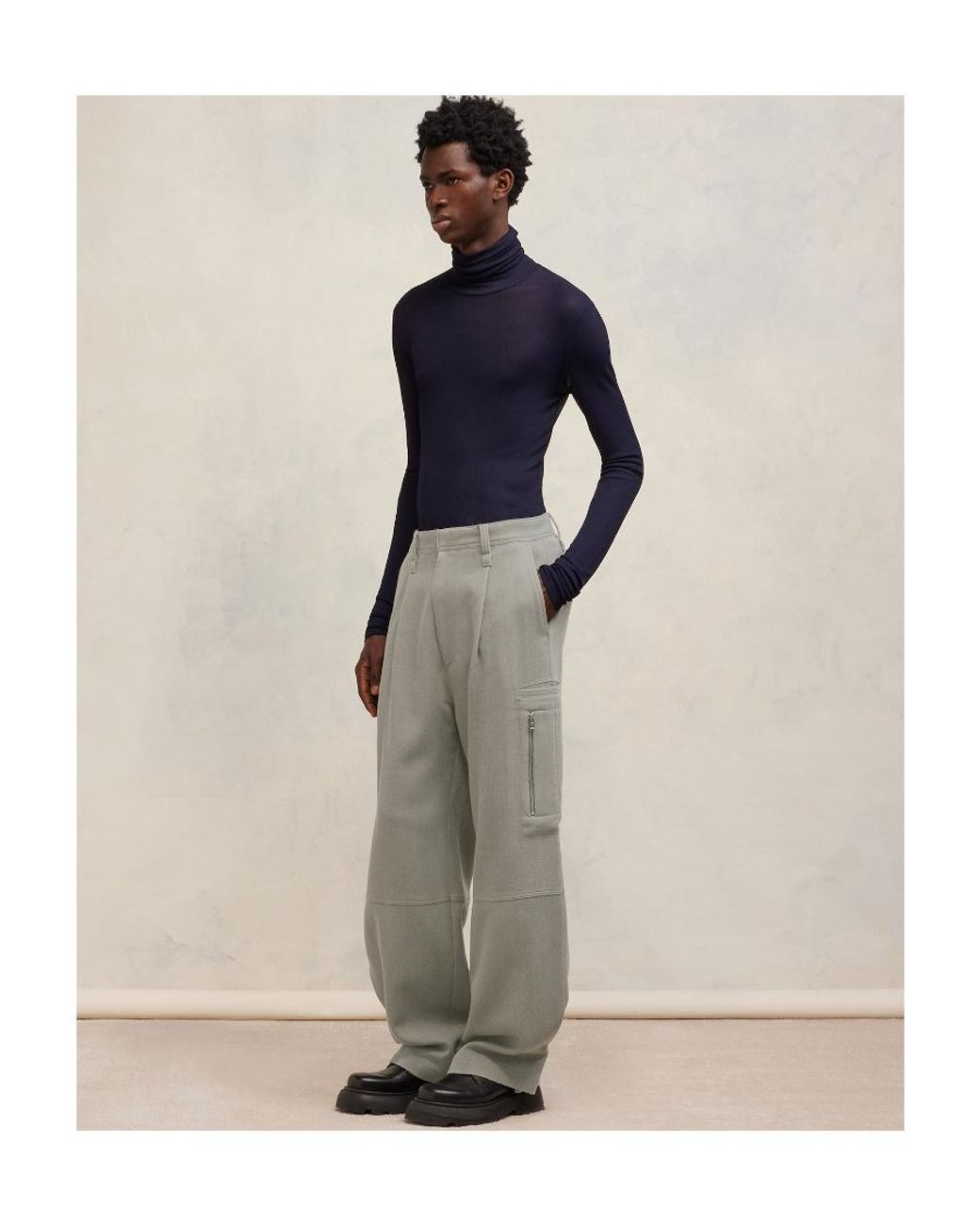 AMI Blue Ami Pleated Wide-Leg Cargo Pants for men