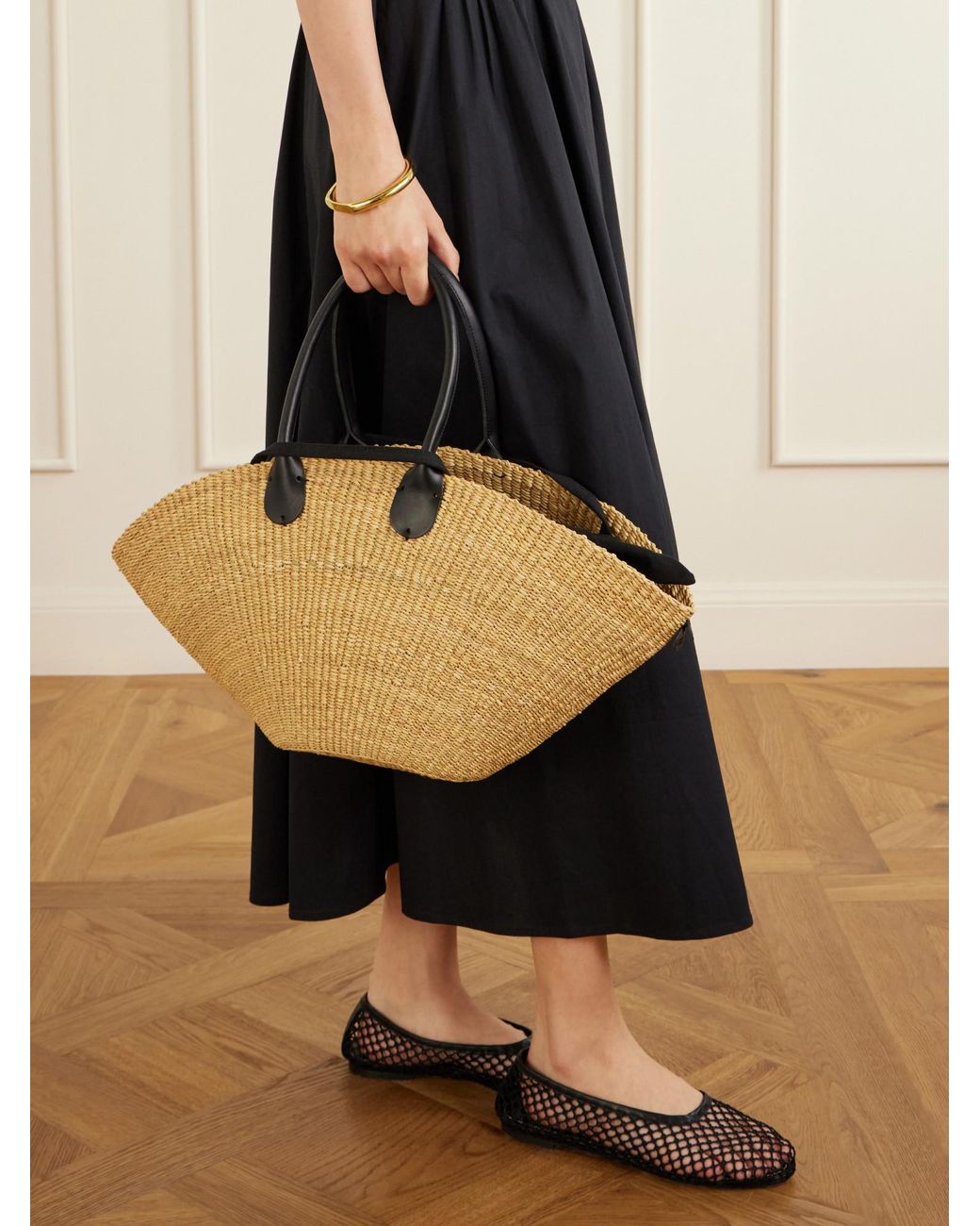 Muuñ Metallic Sophia Leather-Trimmed Raffia Tote