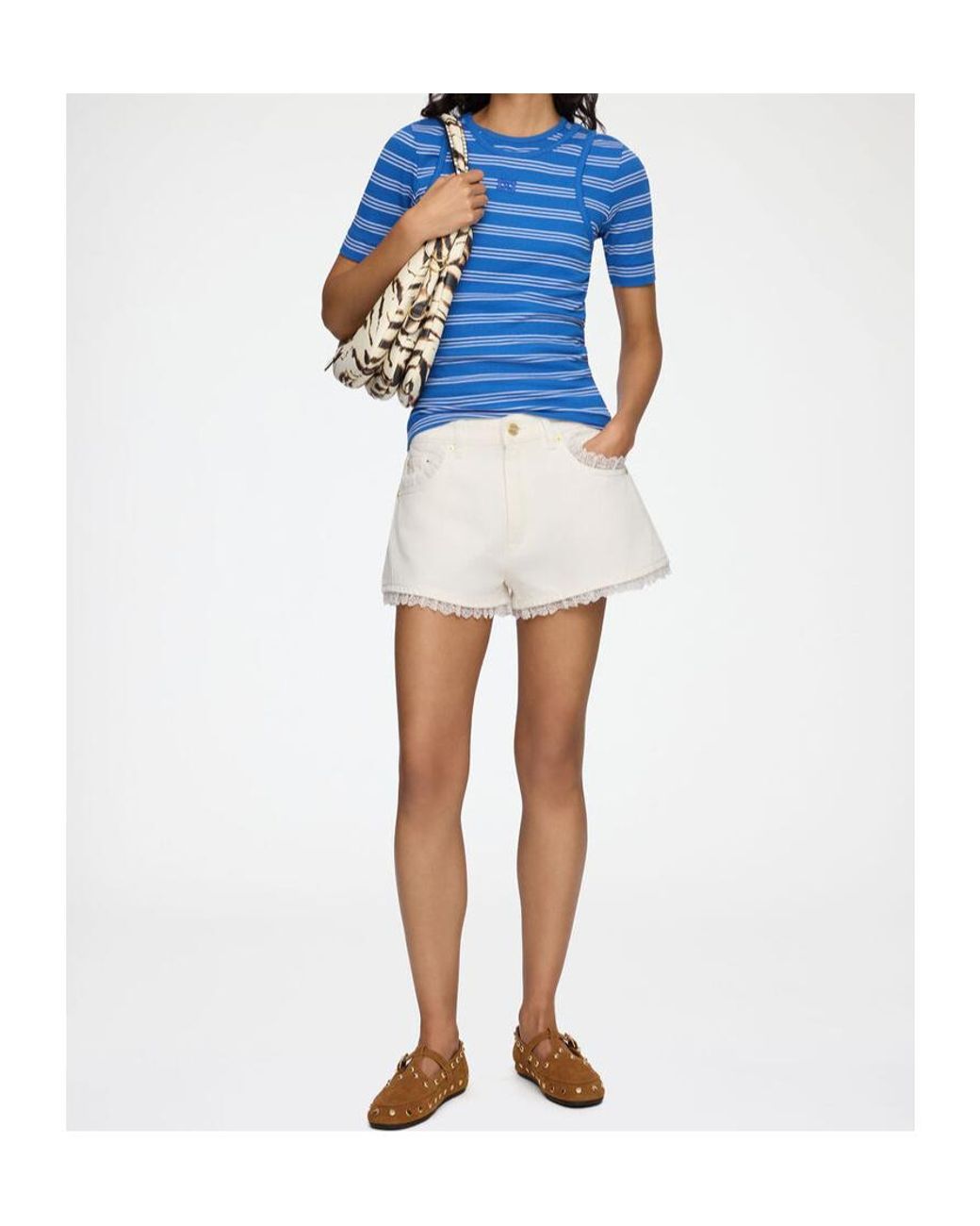 Ganni White High-Rise Lace-Trim Denim Shorts
