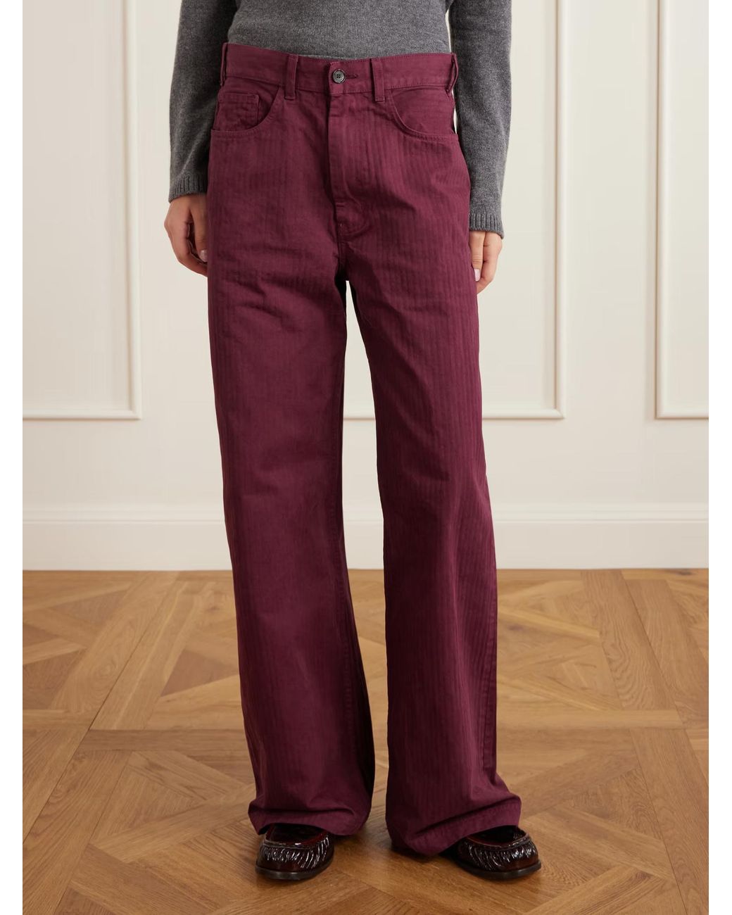 The Elder Statesman Red Herringbone Cotton Wide-Leg Casual Pants