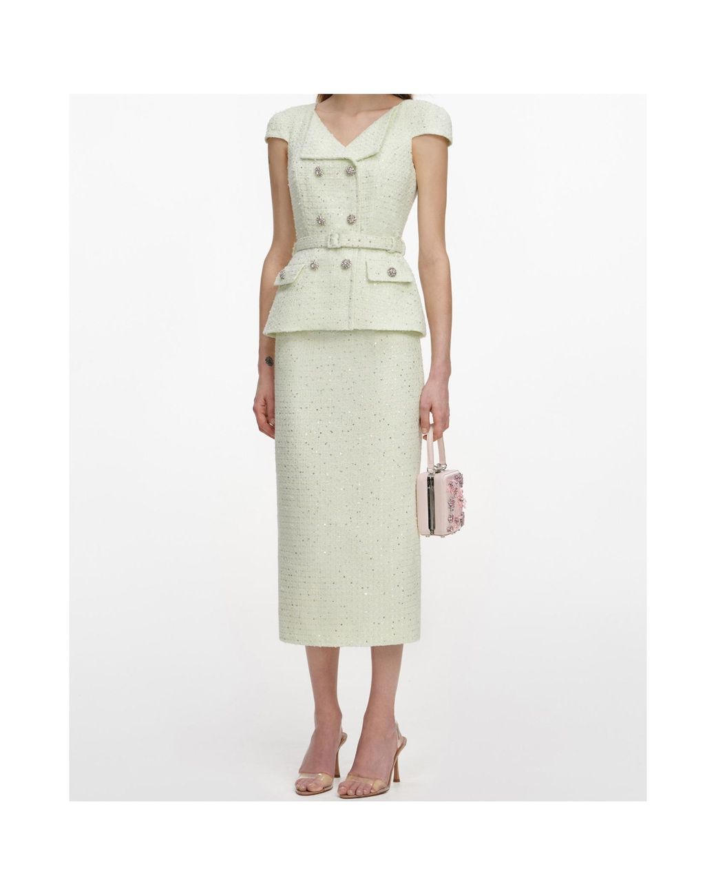 Self-Portrait White Bouclé Midi Dress