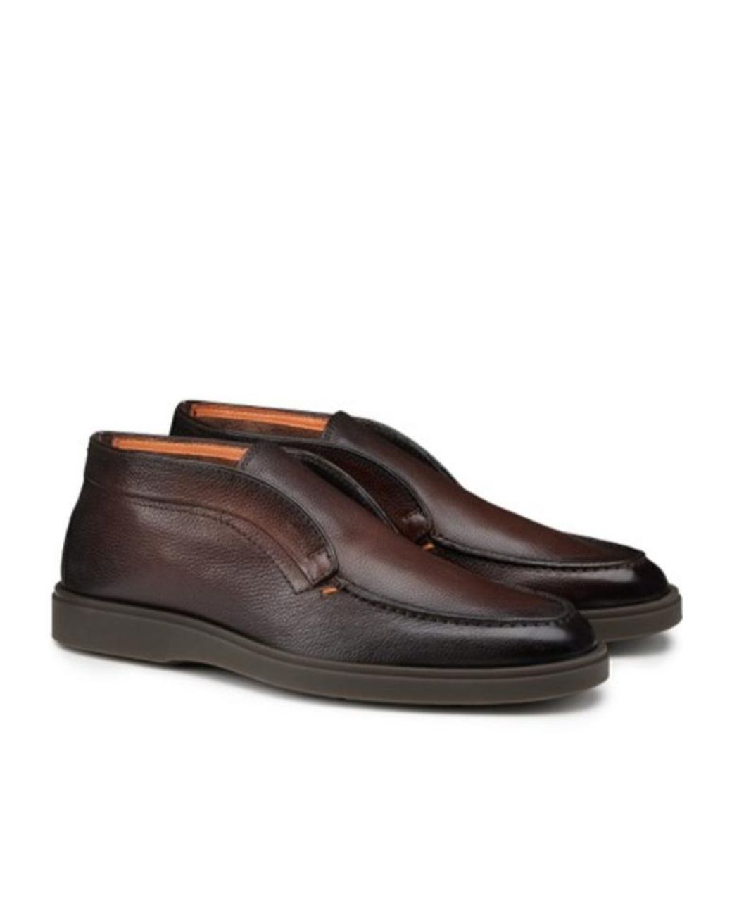 Santoni Brown Almond Toe Slip-On Boots for men