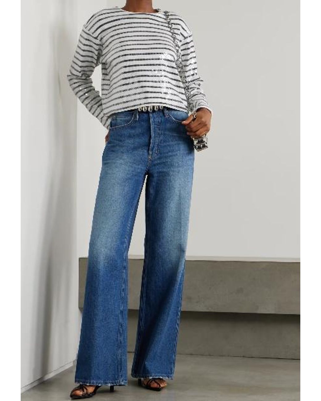 FRAME White Pleated Sequined Striped Sweater