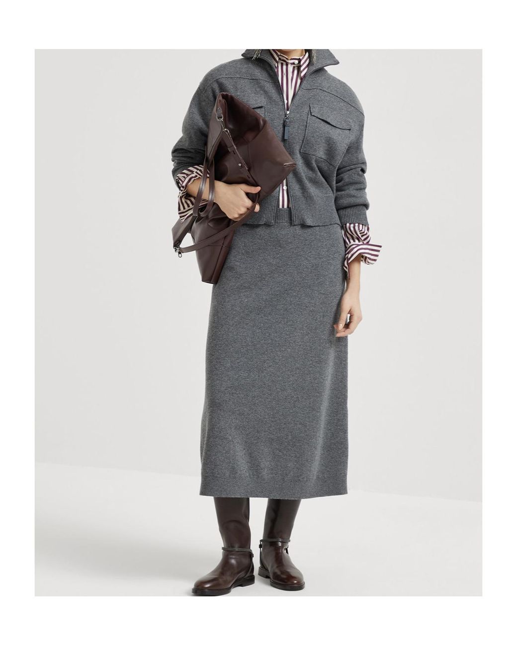 Brunello Cucinelli Gray Knitted Midi Skirt