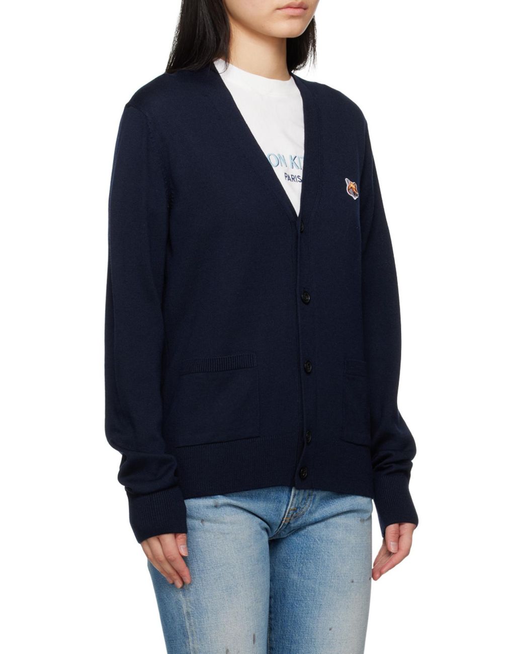 Maison Kitsuné Blue Maison Kitsuné V-Neck Long-Sleeved Cardigan for men