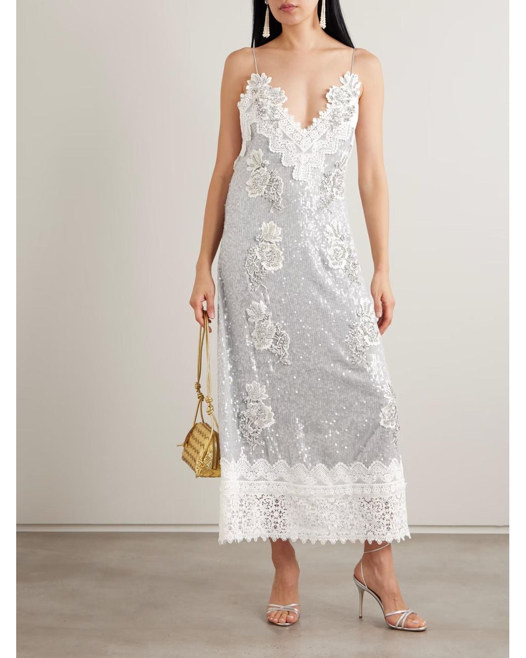 Erdem White Lace-Trimmed Sequined Dress