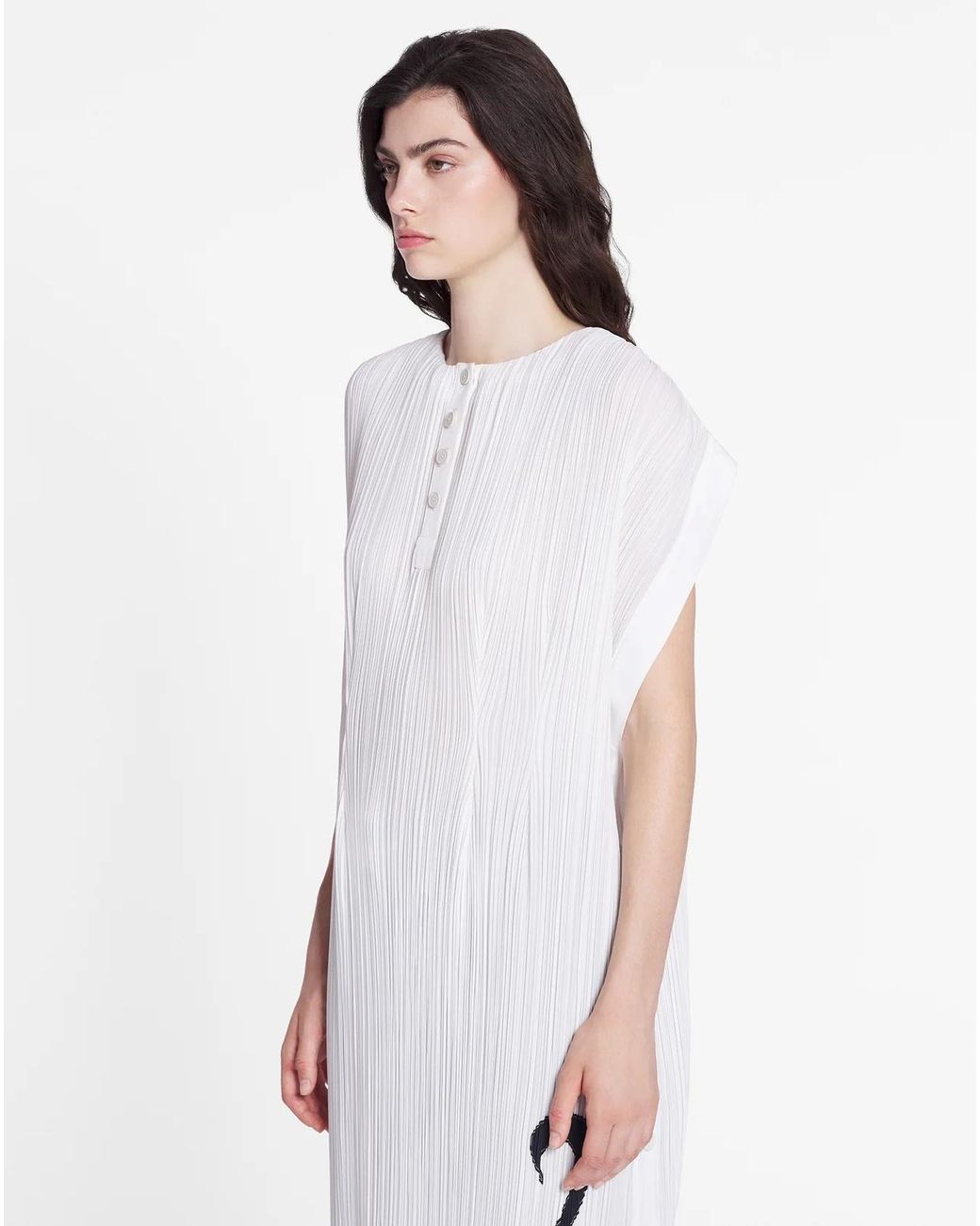 Lanvin White Plissé-Effect Straight Hem Midi Dress