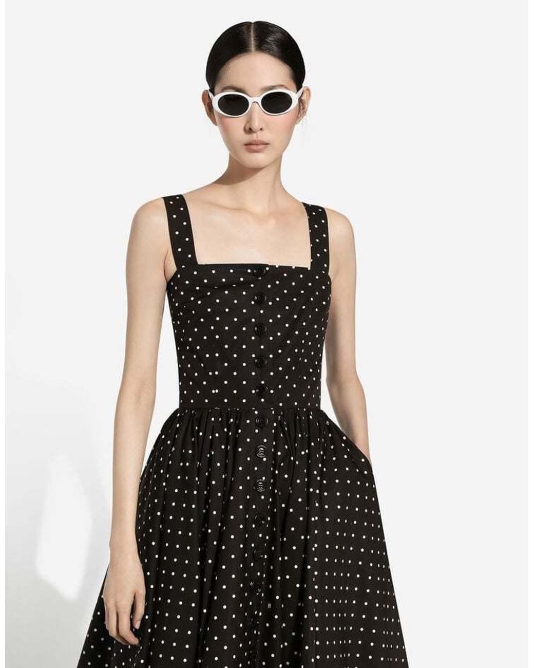 Dolce & Gabbana Black Calf-Length Cotton Dress With Polka-Dot