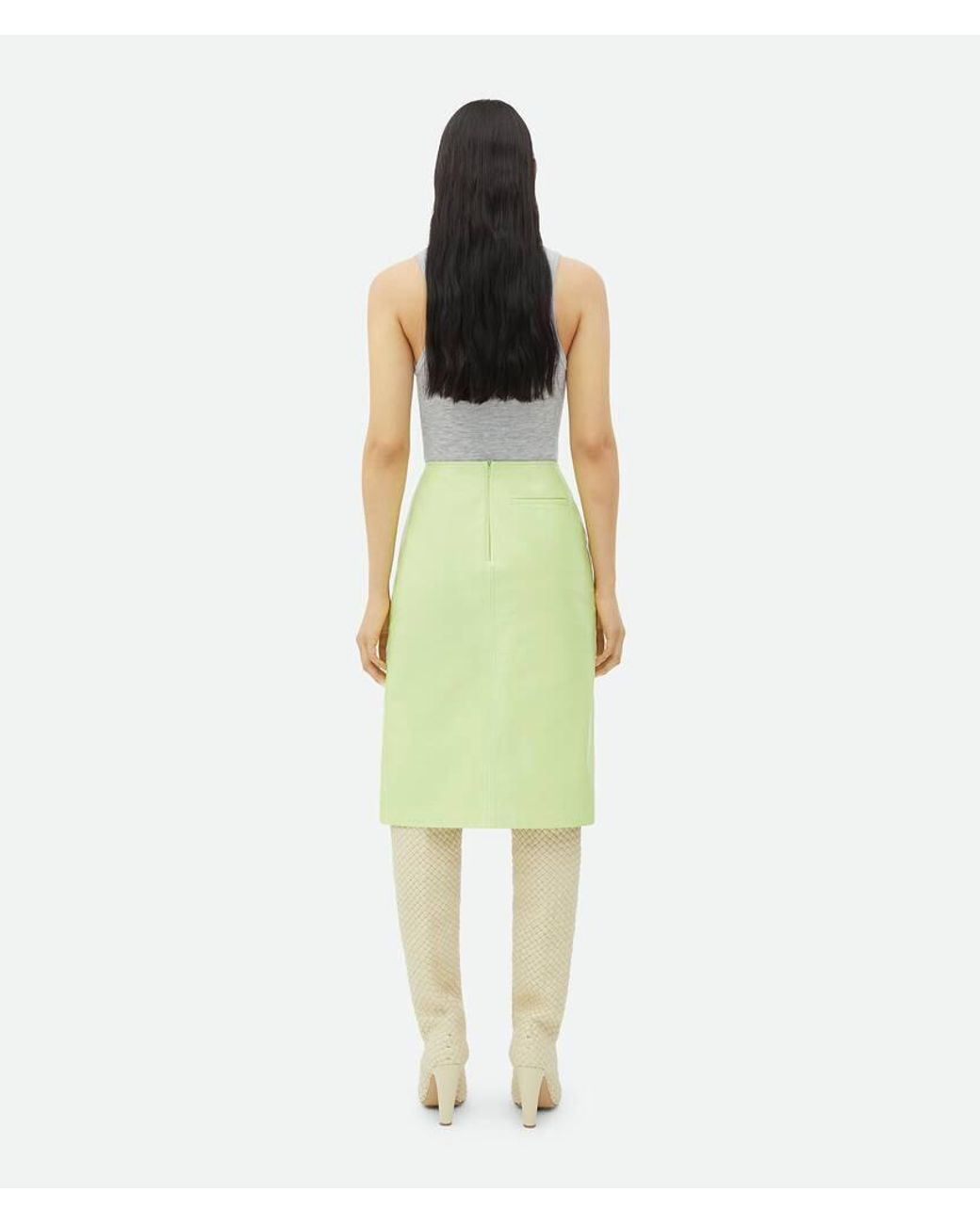 Bottega Veneta Green Shiny Leather Midi Skirt