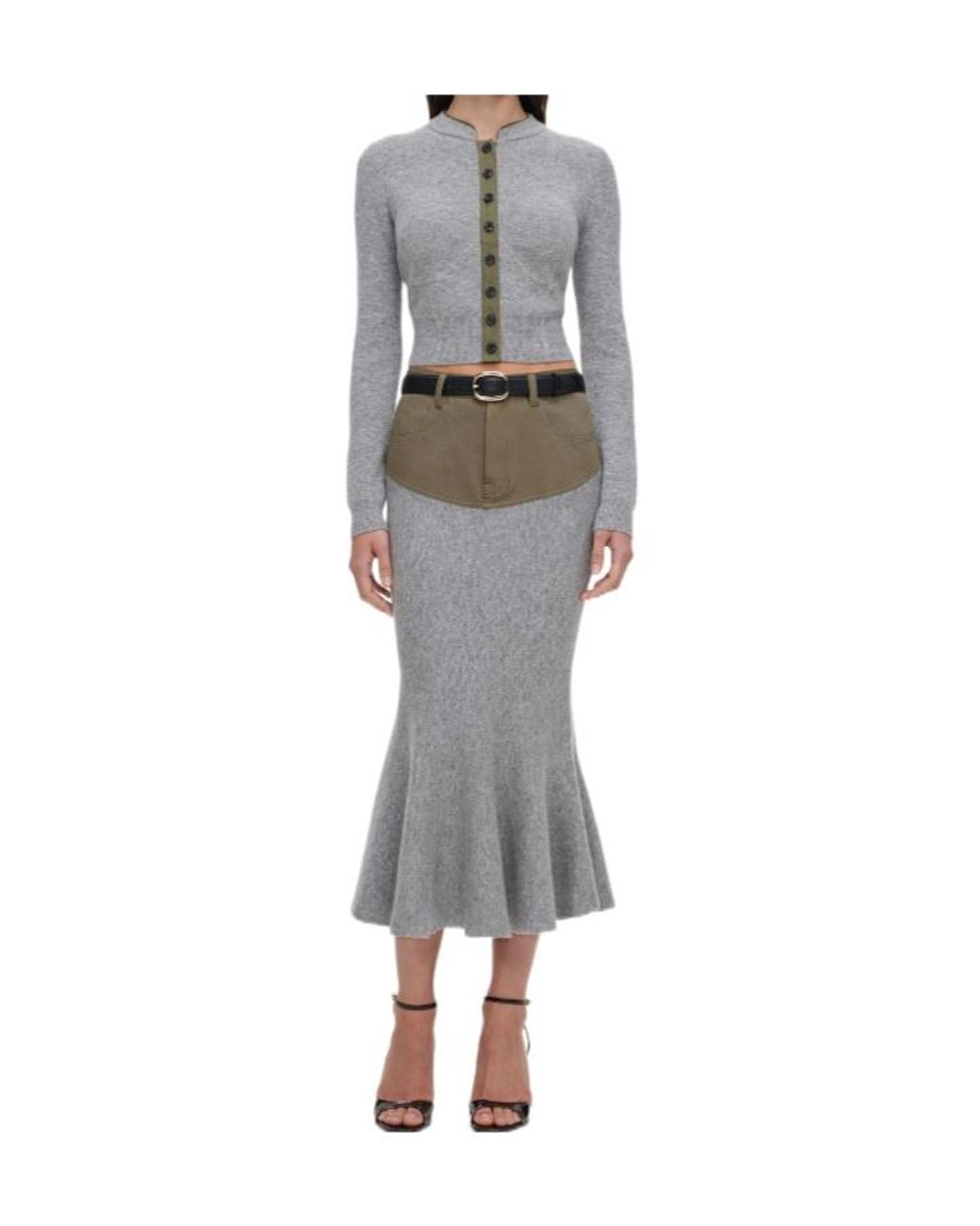 Self-Portrait Gray Contrast Panel Knitted Skirt