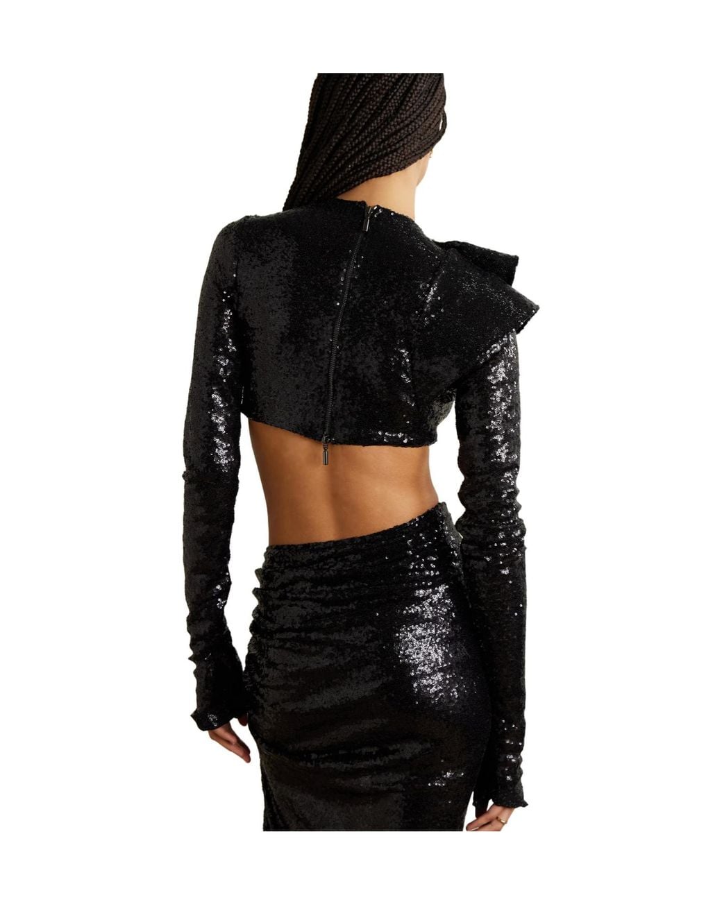 Maticevski Black Cropped Ruffled Sequined Mesh Top