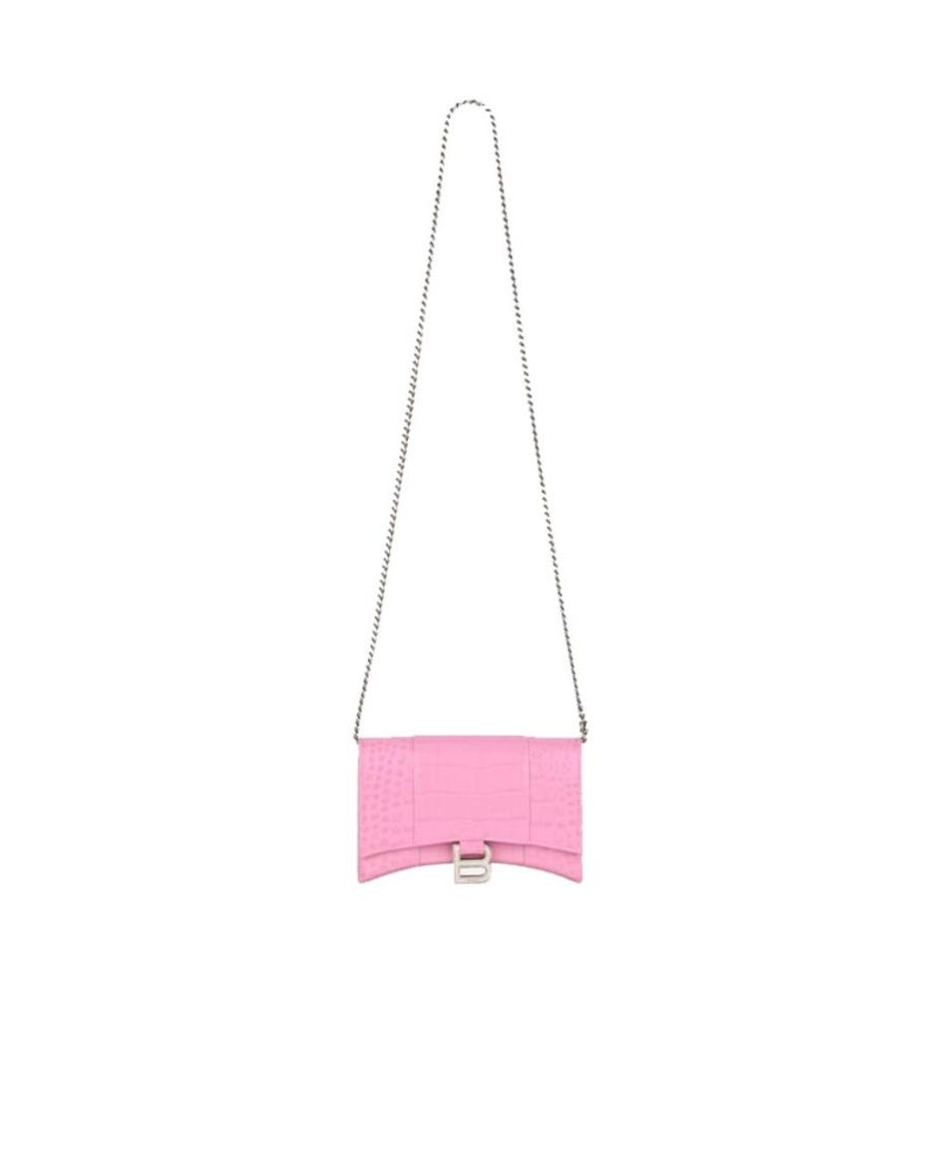 Balenciaga Pink Hourglass Wallet With Chain Crocodile Embossed