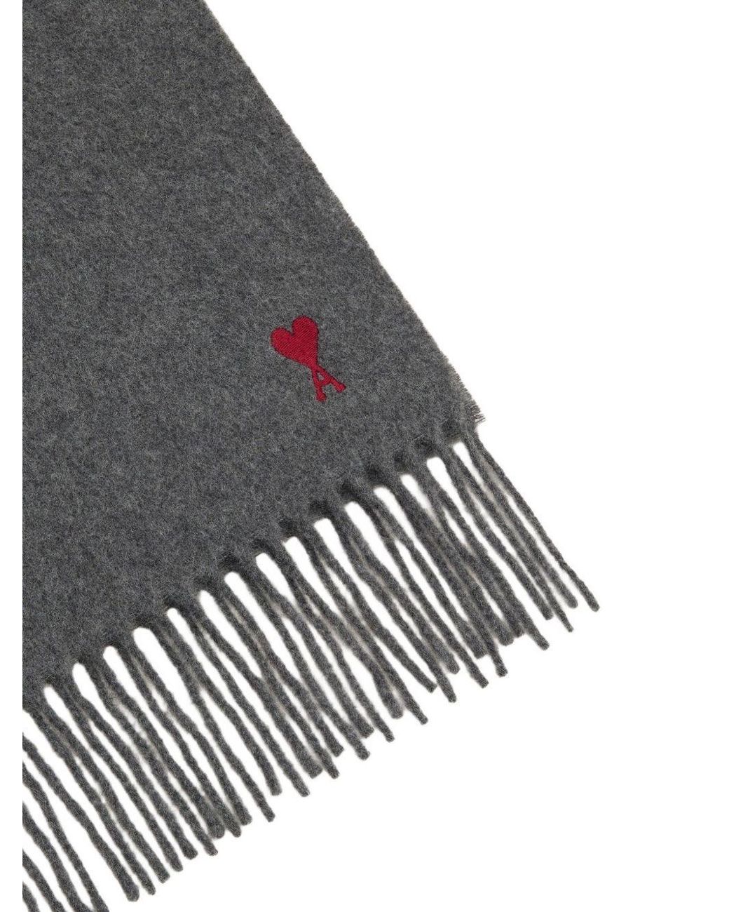 AMI Gray Ami Logo Embroidered Fringed Scarf for men