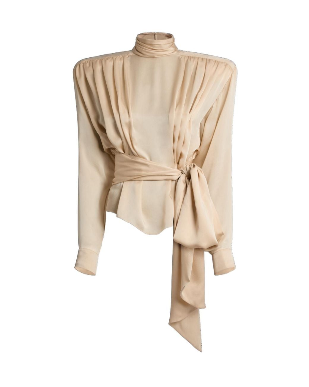 Balmain Natural Silk Charmeuse Blouse With Padded Shoulders And Tie