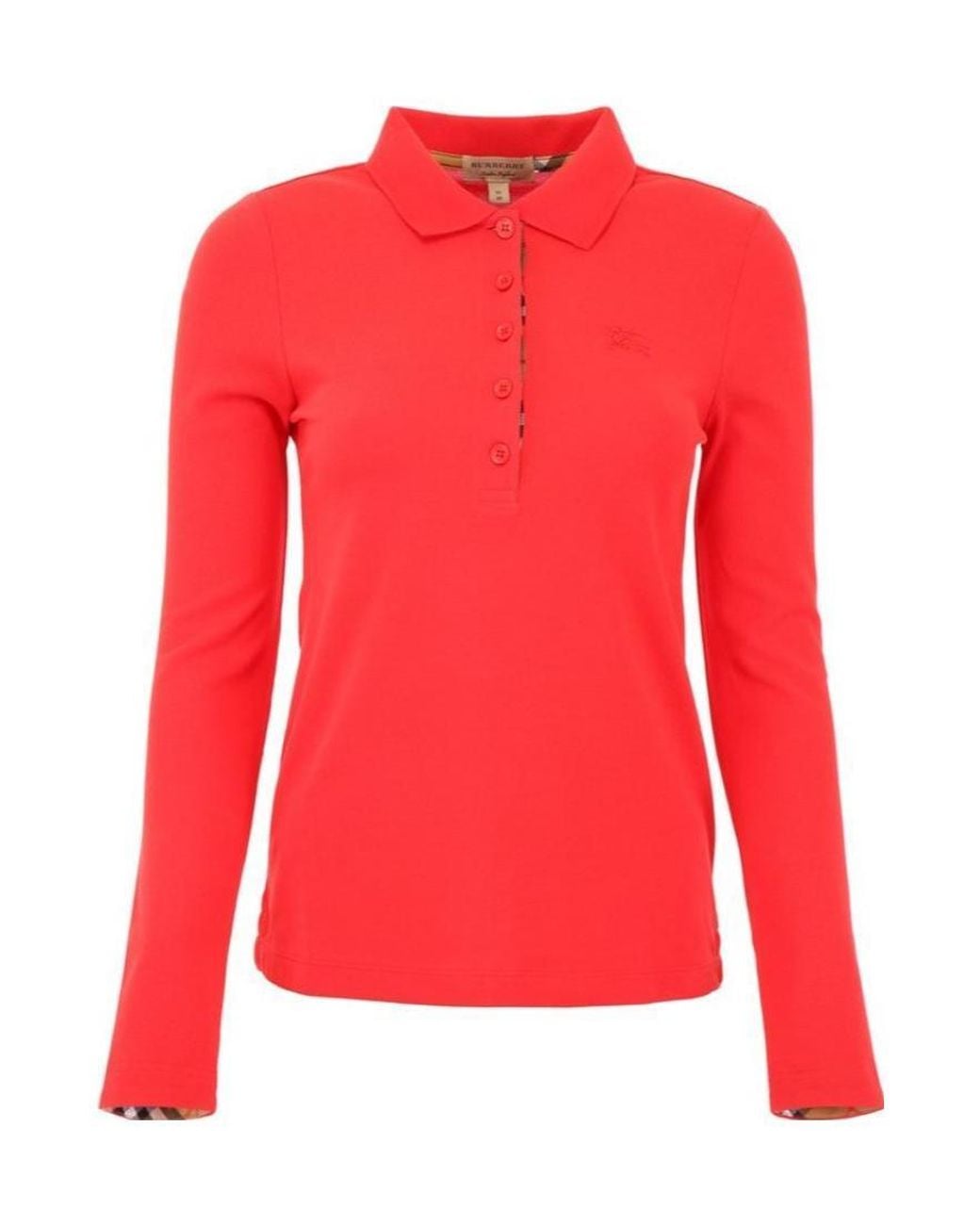 Burberry Red Long-Sleeve Check Placket Cotton Piqué Polo Shirt