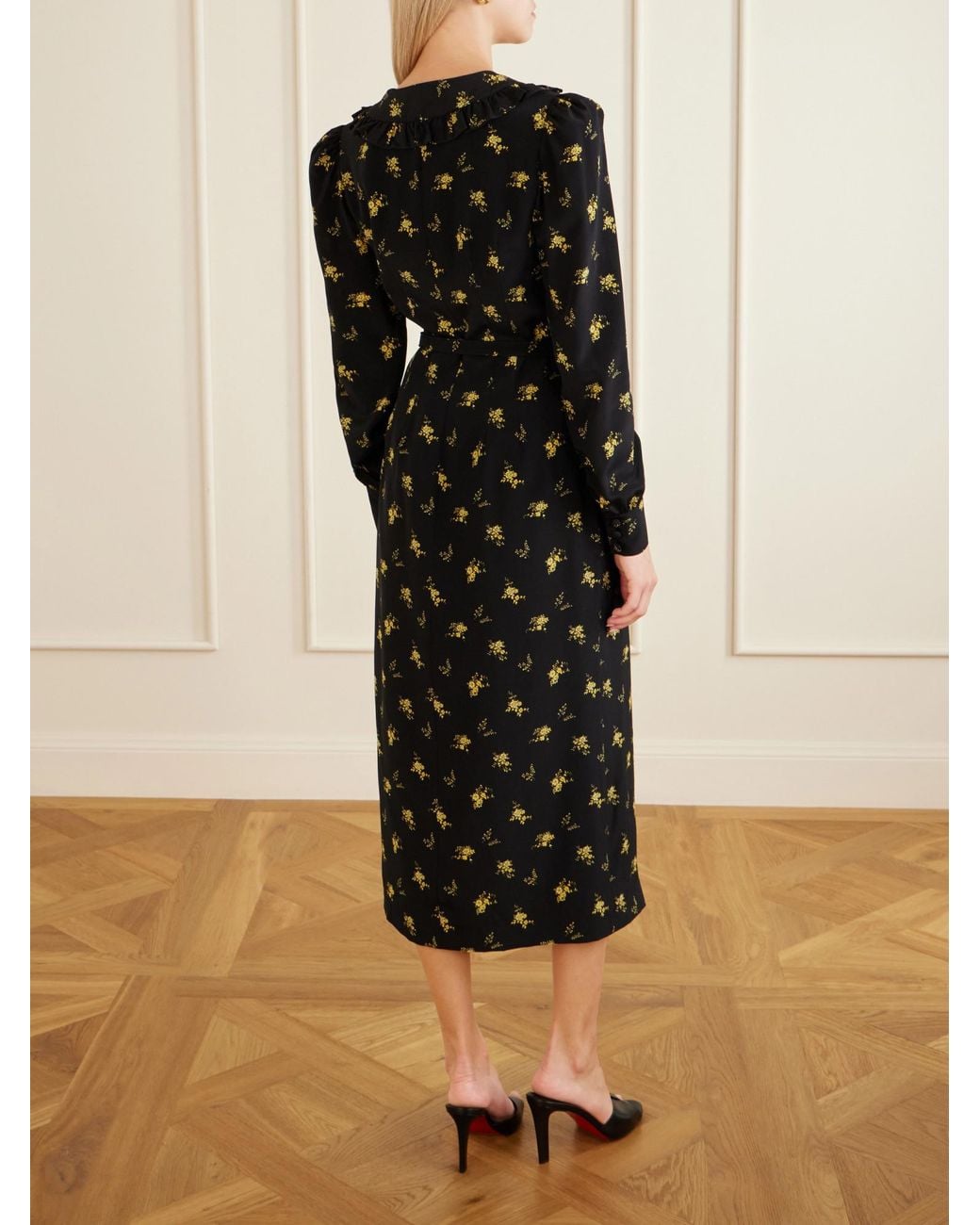 Alessandra Rich Black Belted Ruffled Floral-Print Silk-Crepe Midi Dress