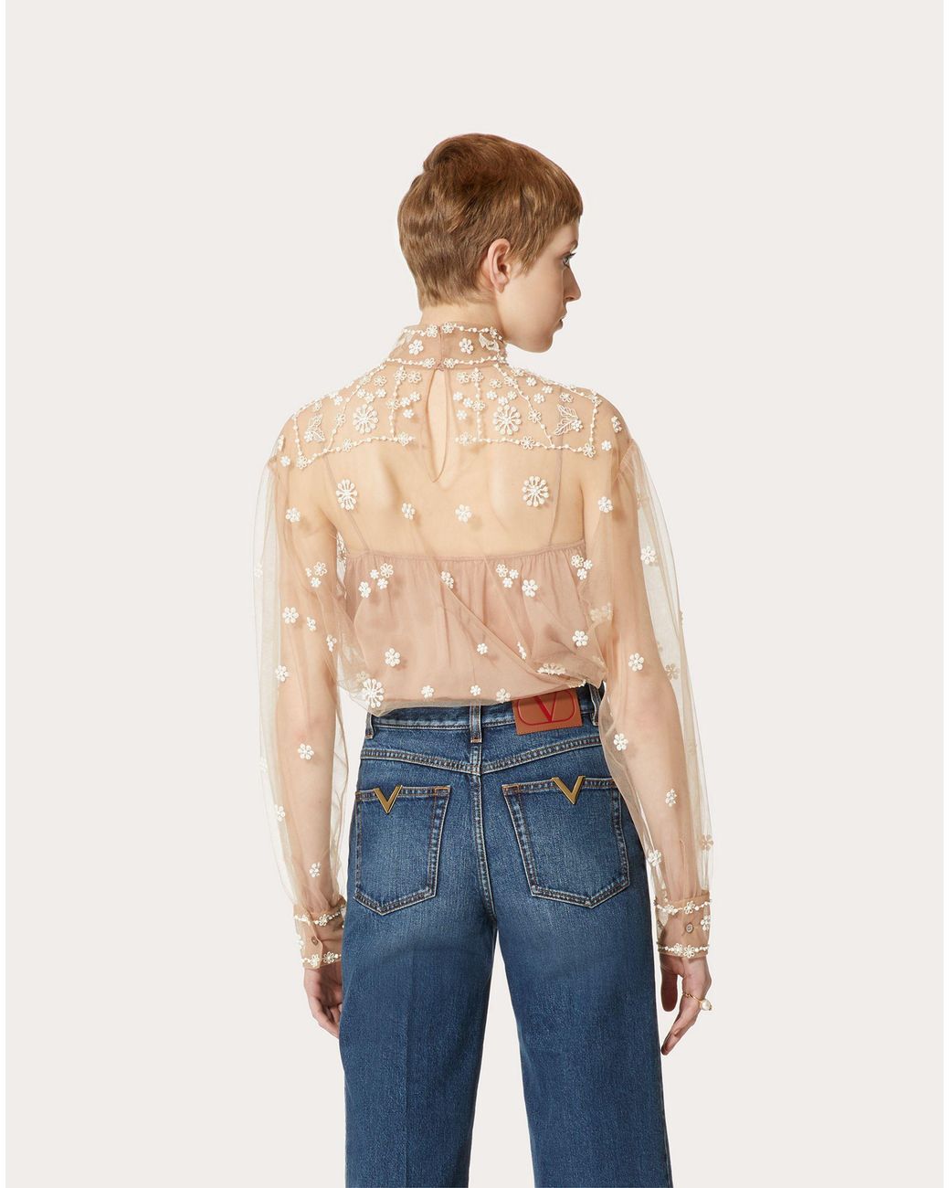 Valentino Natural Tulle Illusione Embroidered Top