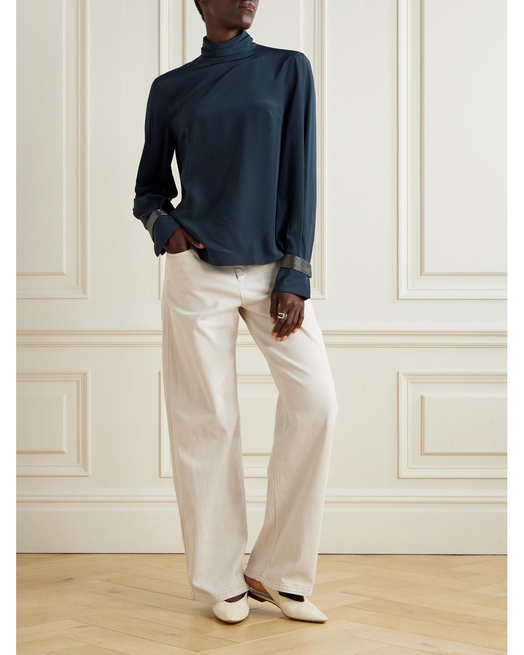 Brunello Cucinelli Blue Turtleneck Long-Sleeve Blouse