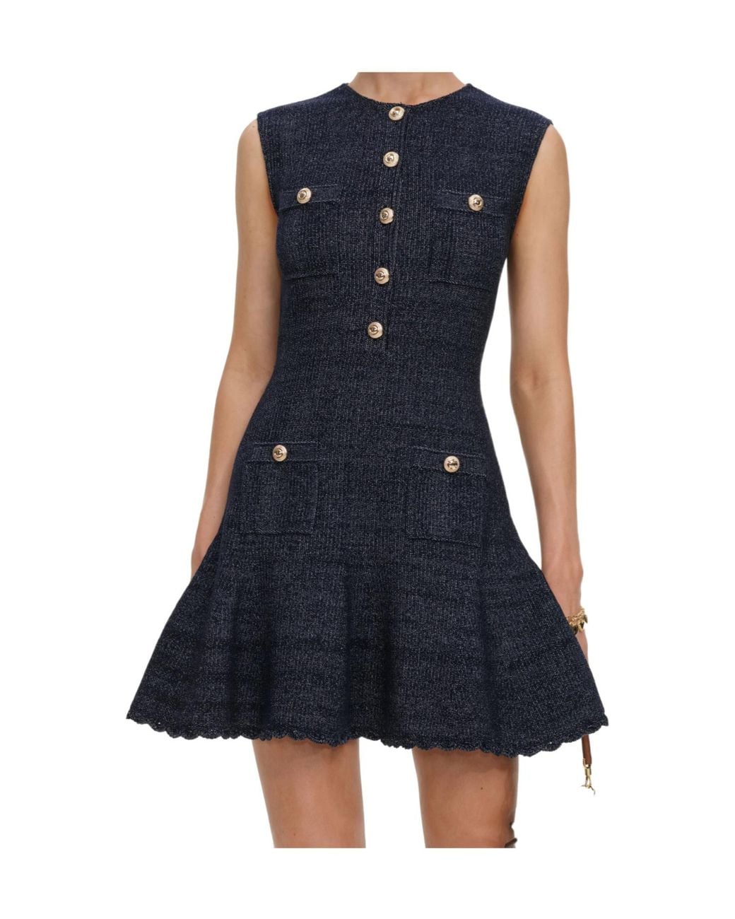 Self-Portrait Blue Sleeveless Textured Mini Dress With Collar Cotton