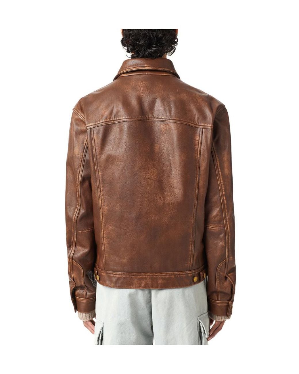 DIESEL Brown Distressed Leather Jacket for men