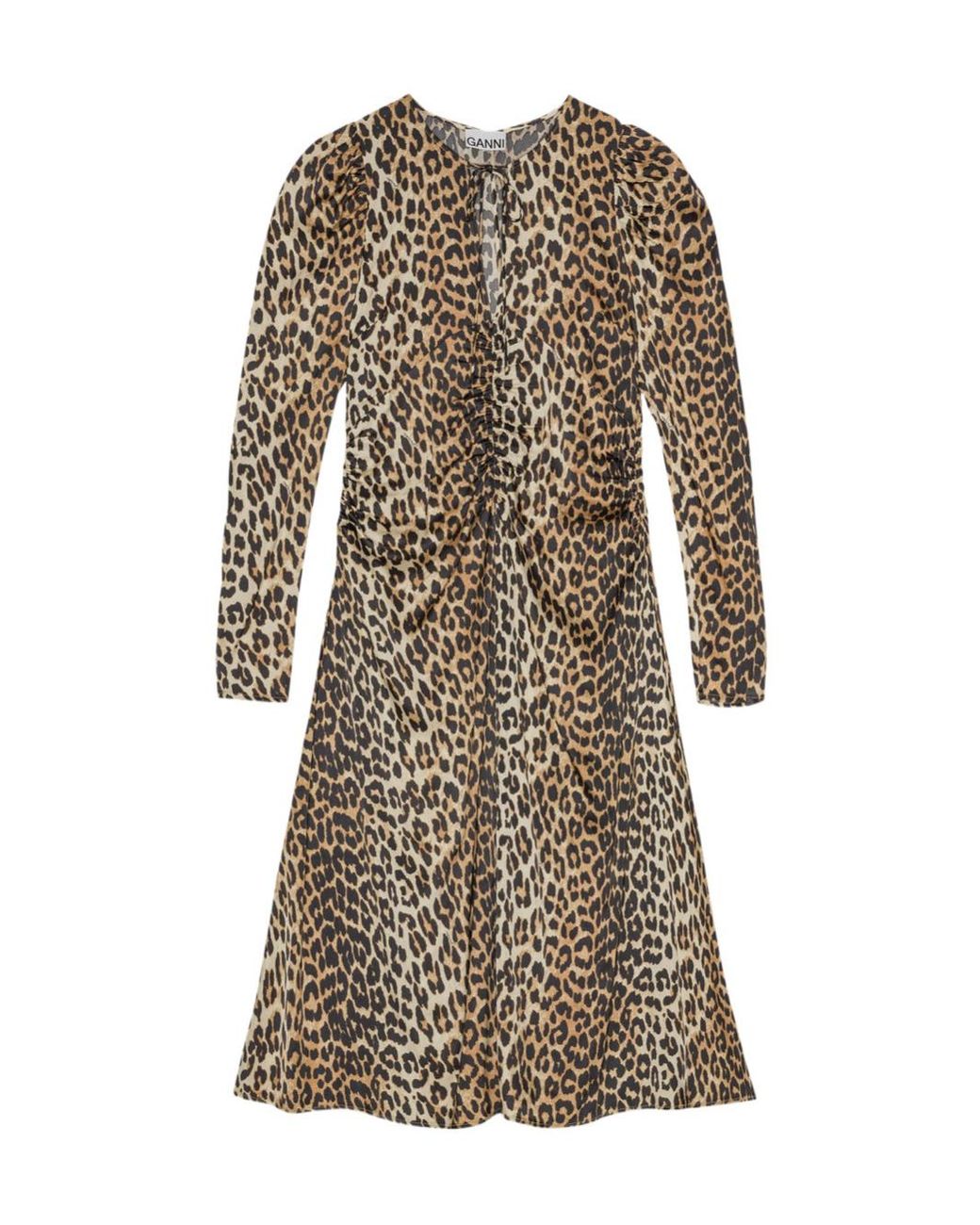 Ganni Multicolor Leopard Print Satin Ruched Midi Dress