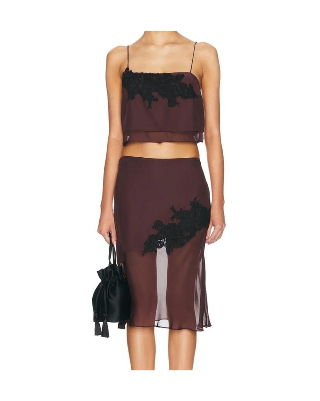 Sir Black Noria Lace-Trimmed Silk Midi Skirt