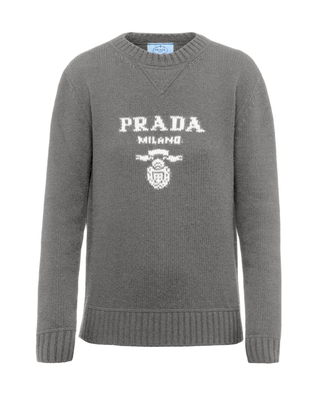 Prada Gray Cashmere And Wool Logo Crew-Neck Sweater