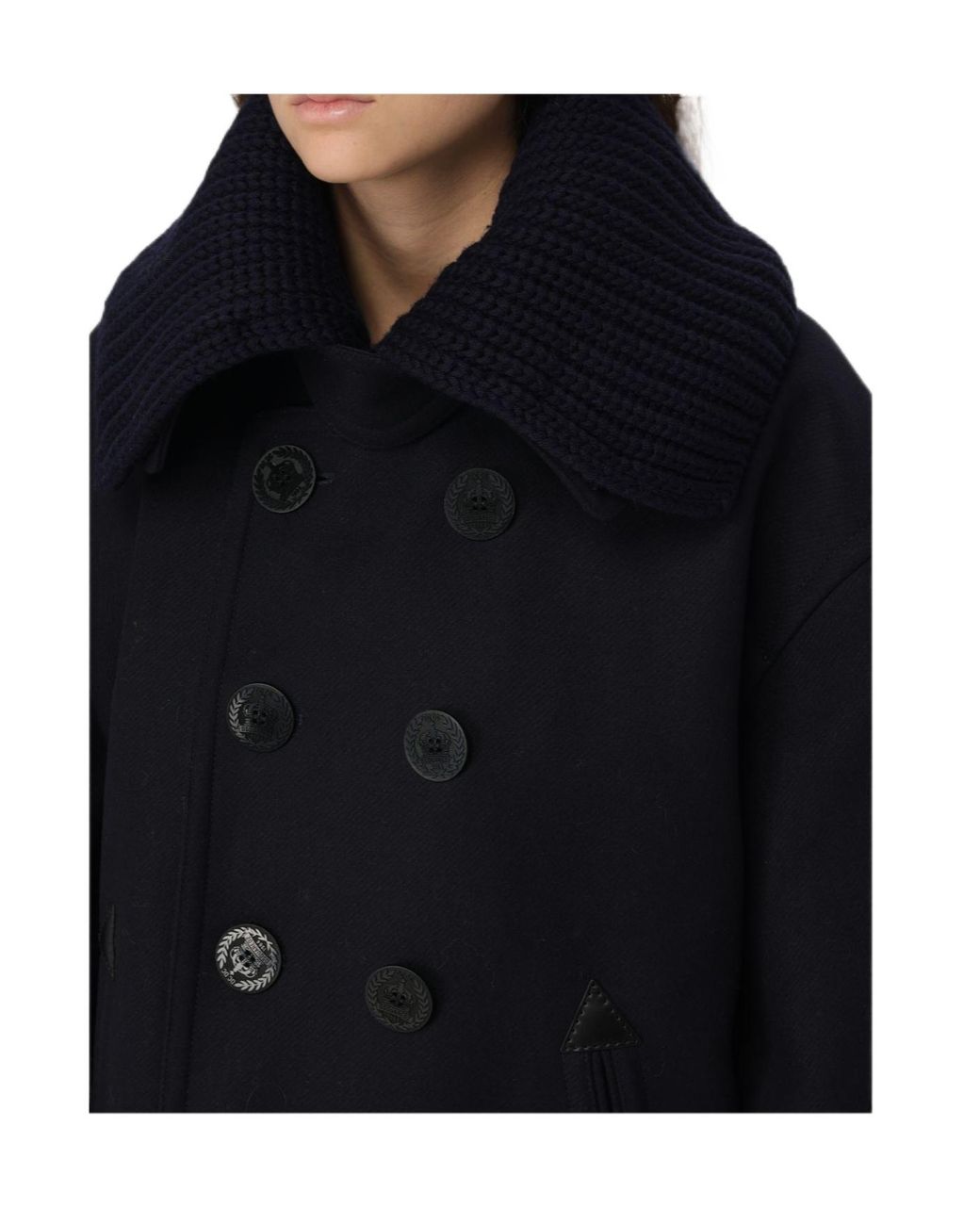 DSquared² Blue Ribbed-Knit Collar Double-Breasted Coat