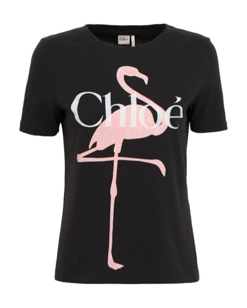 Chloé Black Cotton Jersey T-Shirt W/ Flamingo Print