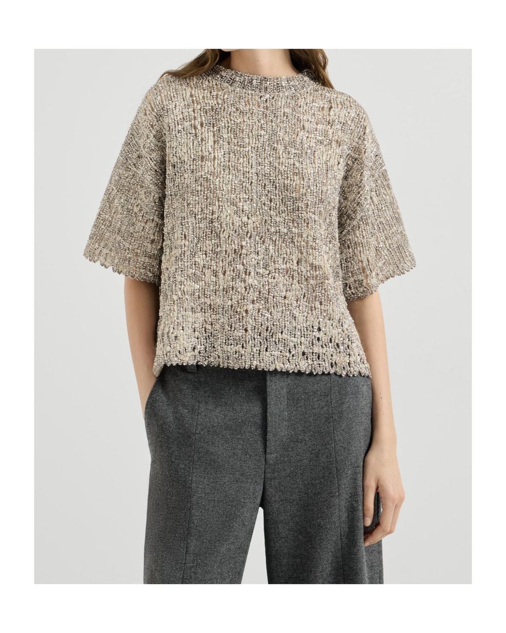Brunello Cucinelli Gray Dazzling Craquelé Embroidery T-Shirt
