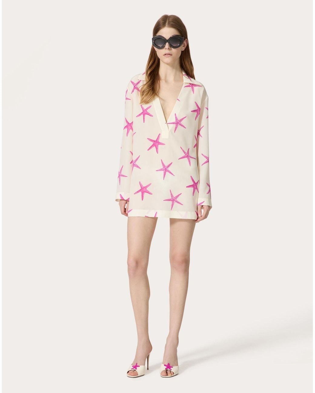 Valentino Pink All-Over Star Patterned V-Neck Dress
