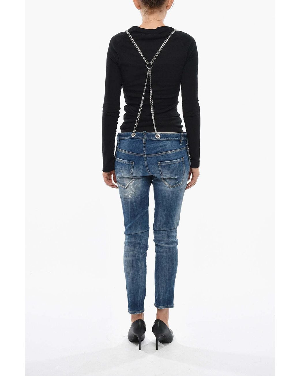 DSquared² Blue Jewel-Embellished Chain-Strap Jumpsuit